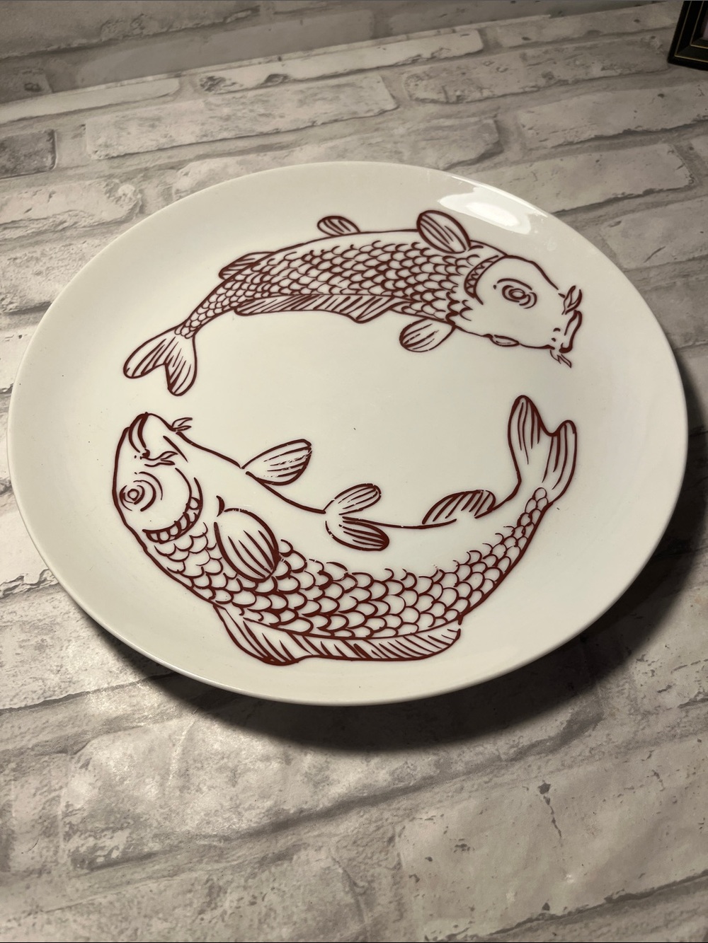 Anahi Sato/Gordon White Ceramic Fish Plate with brown Koi Design
